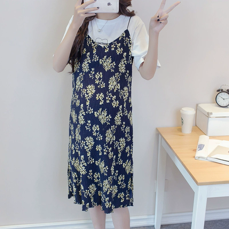 Весенне-летнее платье для беременных, модное корейское платье для беременных, комплект из двух предметов, платье на бретельках для беременных, длинное платье больших размеров