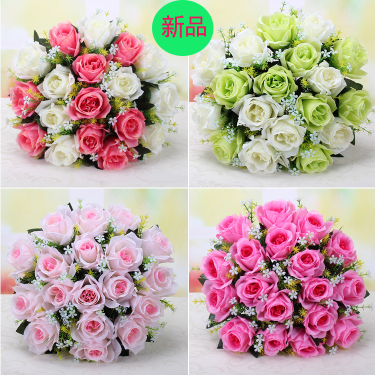 Artificial flower Silk flower simulation rose Bouquet of flowers 18 the republic of korea rose Wedding celebration Hand tied bouquet decorate flower arrangement factory wholesale