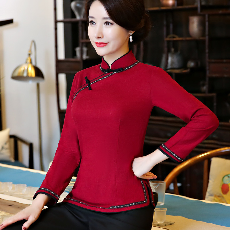 2019秋冬新款女式品牌长袖棉麻复古立领衬衫纯色修身上衣显瘦唐装|ms