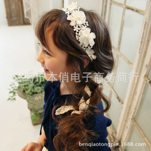 韩版新款儿童发饰刺绣花朵蕾丝飘带女童发卡珍珠发带头带发箍批发