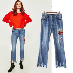 high waist holes embroidered jagged trousers legs jeans bell pants