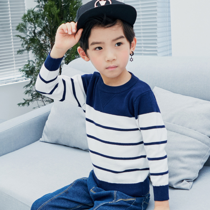 2021 Children's clothing sweater Boy T-shirts Bottoming sweater Sweater New products stripe Cotton No good sweater