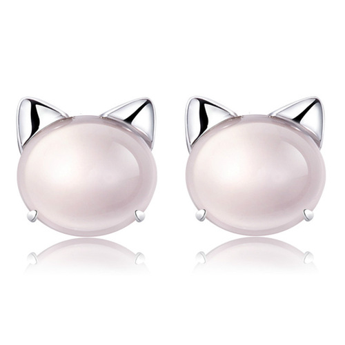 Korean version of sweet and cute girl pink crystal cat earrings for women natural cat's eye stone cute cat earrings jewelry