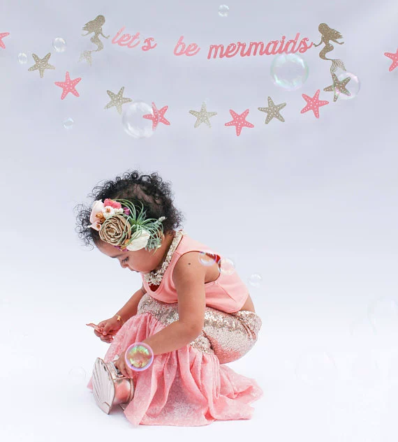 Let's be mermaids birthday banner baby birthday mermaid pull flag bunting party decoration string flag