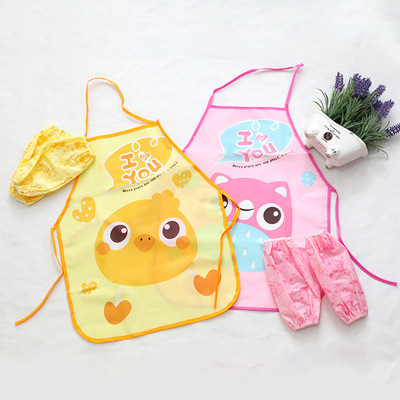 卡通儿童防水围裙围兜宝宝无袖反穿衣罩衣带套袖男女童画画衣