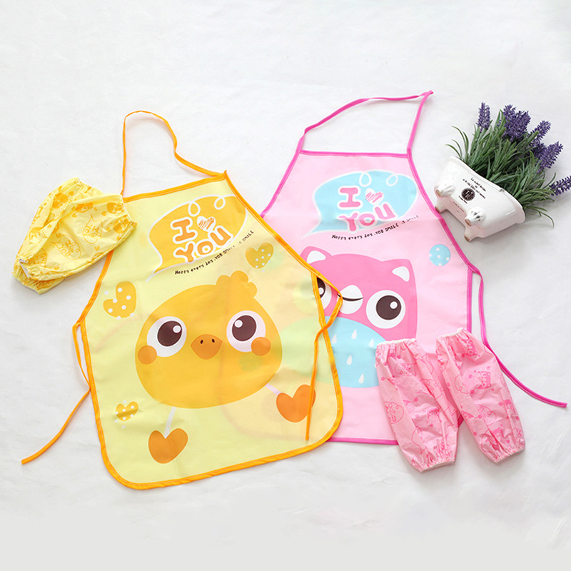 卡通儿童防水围裙围兜宝宝无袖反穿衣罩衣带套袖男女童画画衣