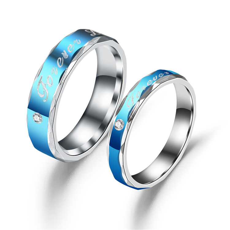 Explosive stainless steel couple ring forever love blue diamond diamond ring wholesale