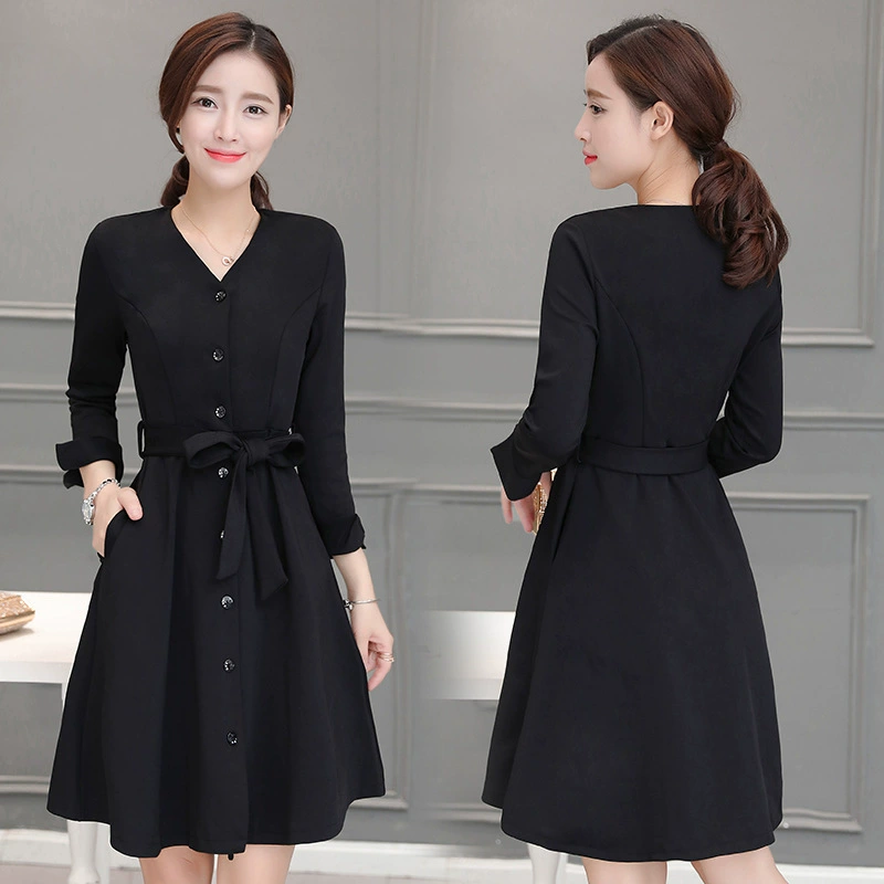 2021 весеннее новое черное платье большого размера с рукавами три четверти, женское маленькое черное платье средней длины с V-образным вырезом в стиле Хепберн