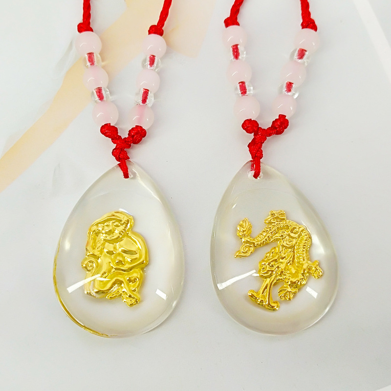 Chinese Zodiac transparent Colored glaze crystal Gold Pendant men and women currency Simplicity animal Red string necklace Jewelry Pendant