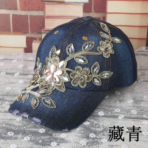 Handmade gold wire flower embellished with round diamonds, 9-color denim baseball cap, trendy women's summer sunshade casual hat