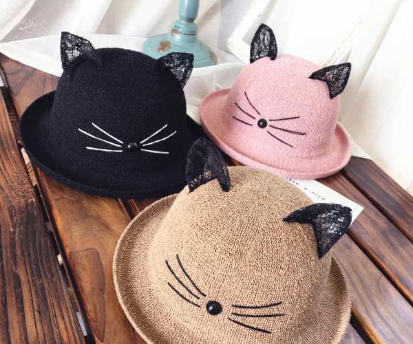 Korean Lace Cat Ears Sunshade Sunscreen Straw Hat display picture 3