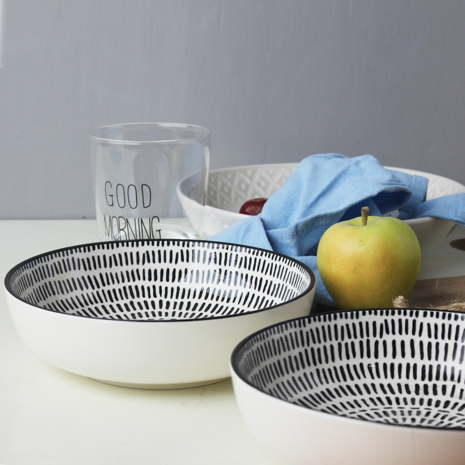 Tazón de fuente de fideos simple blanco de cerámica de estilo japonés negro pintado a mano patrón de línea tazón patrón de diente de león Tazón de fuente de alivio de flores de diamante Tazón