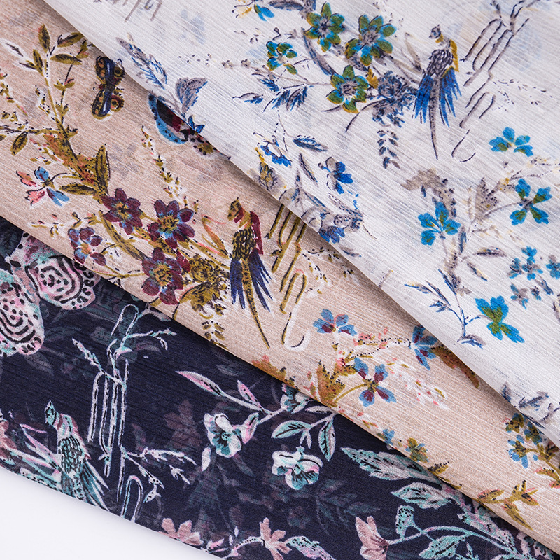 【翔龙印花 XL真丝顺纡绉-1】蝴蝶植被微皱柔软阳离子雪纺面料