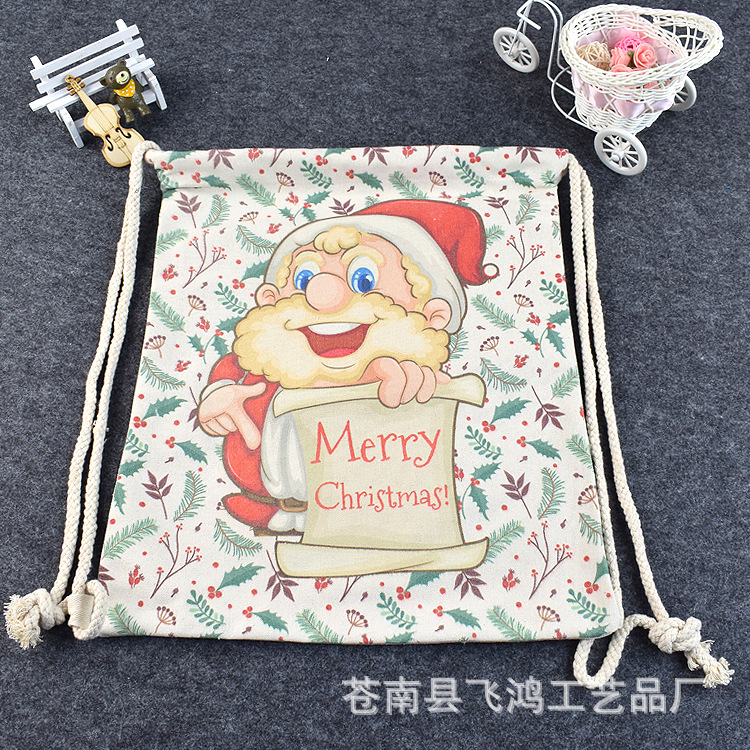 圣诞款束口袋彩印棉布袋定做 印花束口帆布袋定做卡通购物袋定制
