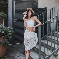 溫泉泳衣女分體三件套顯瘦高腰小胸聚攏韓國小香風度假黑白色蕾絲