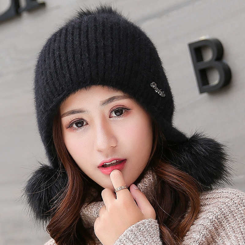 韩版女士冬季超大毛球毛线帽纯色护耳帽套头帽加绒加厚保暖针织帽
