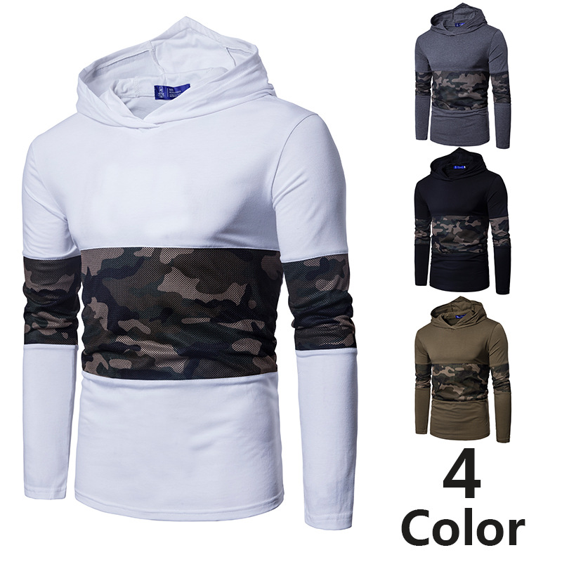 Foreign trade men's autumn and winter new Pullover Hooded camouflage mesh splicing long sleeve t-shirt men's European men's T-shirt