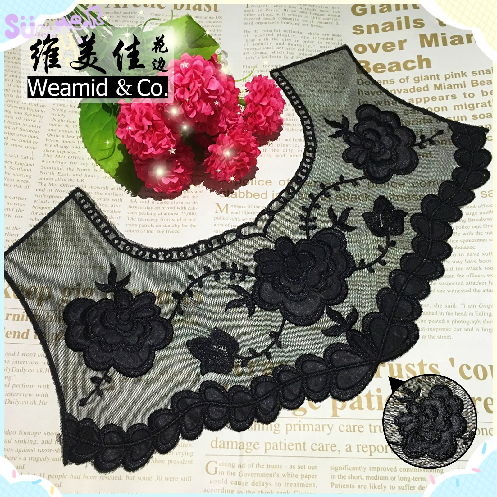 厂家直销 维美佳涤光色丁圆领领花 黑色桃心水溶蕾丝网布绣花边