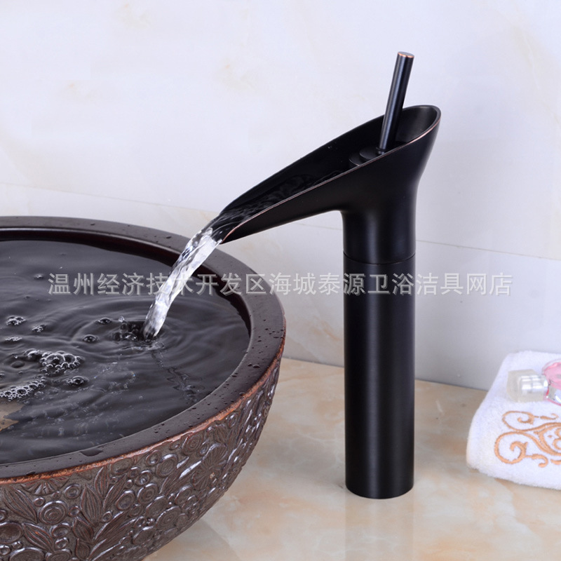 Cross-border foreign trade bathroom wholesale copper black high art faucet European waterfall basin faucet