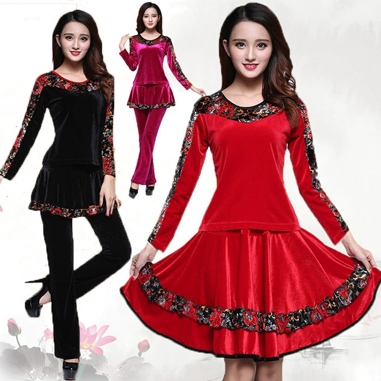 2017 новая осенне-зимняя одежда для квадратных танцев, Женская Золотая Бархатная танцевальная одежда, костюм для тренировок среднего и пожилого возраста, одежда для выступлений с длинным рукавом