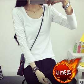 秋冬长袖女装 韩版修身加绒加厚长袖圆领女t恤保暖黑色打底衫批发