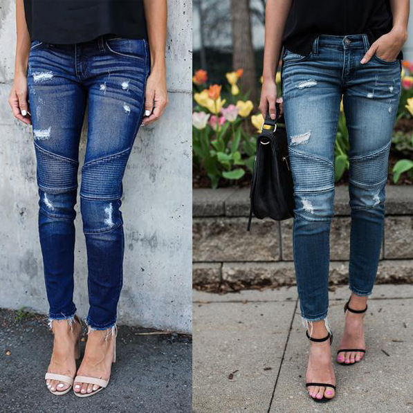Damen Jeanshose Slim Fit Falten- und perforierte elastische Bleistift-Leggings_voghion.com