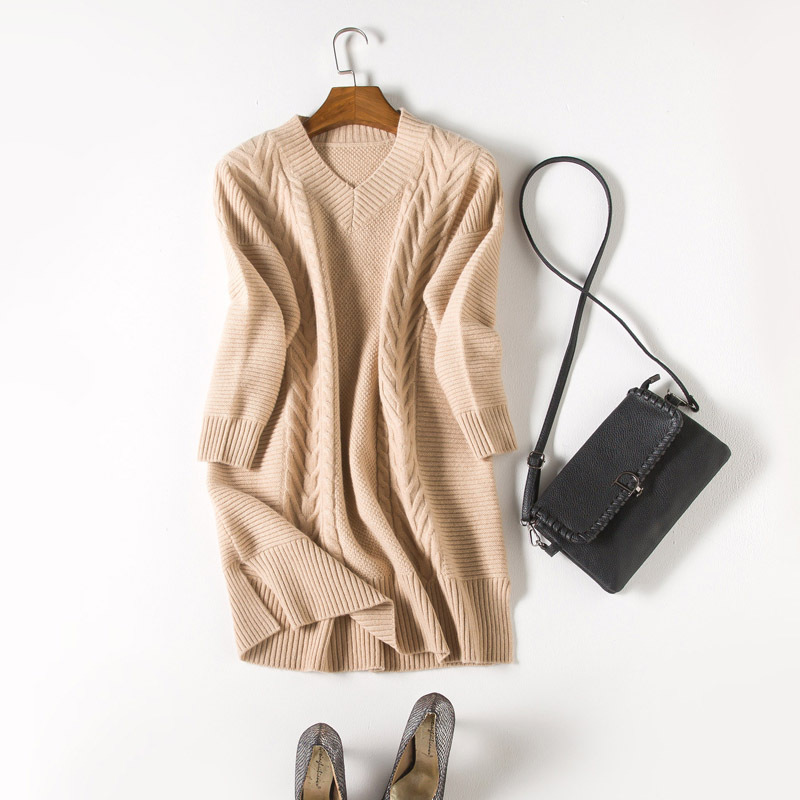 CASHMERE  女士V領中長款羊絨裙 純山羊絨純色打底毛衣