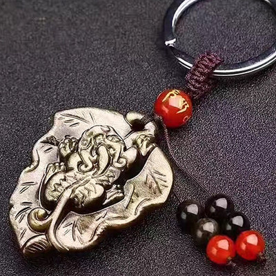 天然金曜石一夜暴富貔貅钥匙扣汽车钥匙链批发 金曜石貔貅钥匙链|ms
