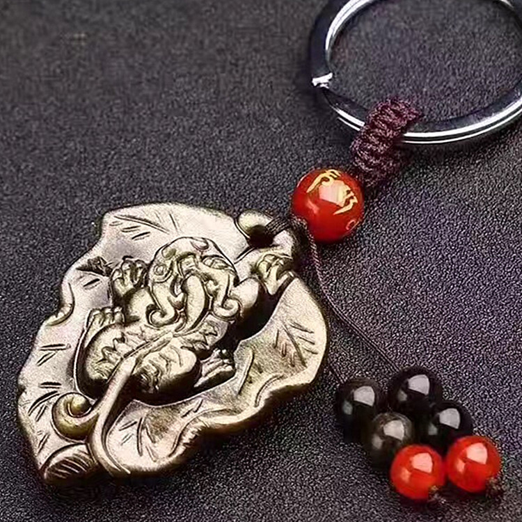 天然金曜石一夜暴富貔貅钥匙扣汽车钥匙链批发 金曜石貔貅钥匙链|ms