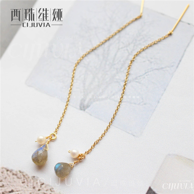 绮湘雨 日系 14K包金 优雅 纤细的灰月光石耳线