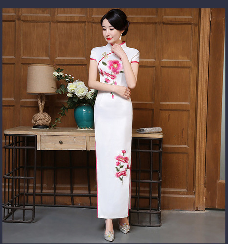 Fuchsia flowers chinese dresses long qipao dress fashion mom old stage shows the party etiquette cheongsam