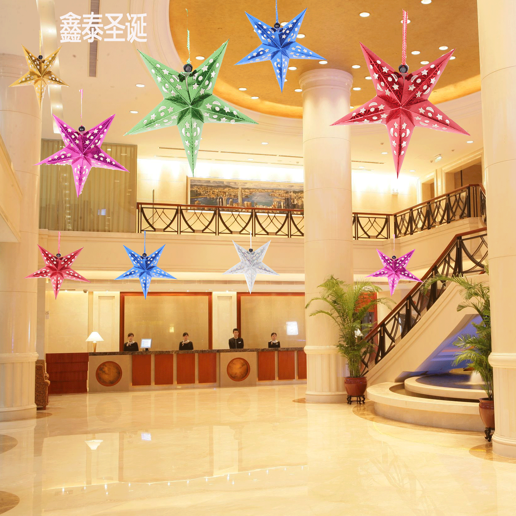 En stock vacaciones celebración decoración tridimensional láser Navidad estrella de cinco puntas techo decoración papel estrella escena pantalla