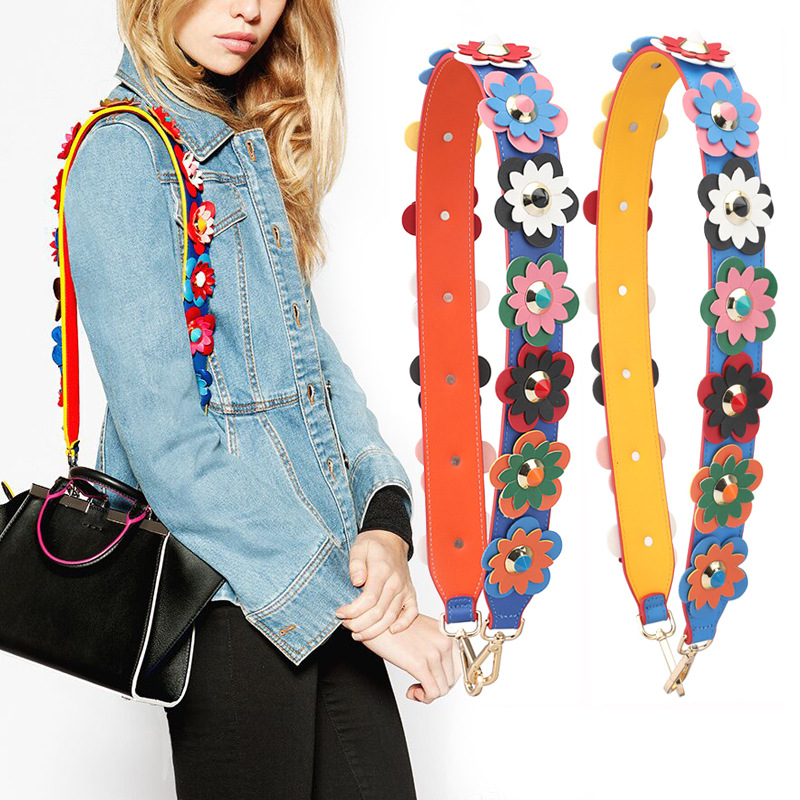 带 铆钉撞色单肩带花朵百搭女士包包宽肩带双