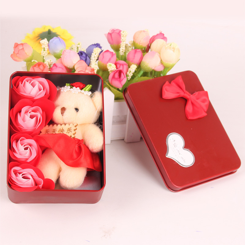 4 Little Bear Iron box rose Soap flower Gift box originality Festival gift Spend eternity Wedding celebration Return ceremony Push gift