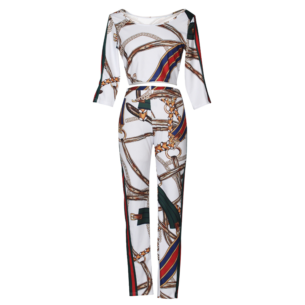 Womens Printed Gold Chain Tracksuits 3/4 Sleeved Crop Top + Slim