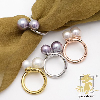 稻草人纯铜真空电镀简约两颗珍珠丝巾扣，高档贝壳超长保色圈环|ru