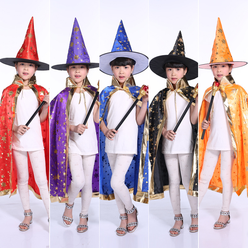 萬聖節五星披風兒童派對表演服裝魔法師巫婆鬥篷帽化妝舞會用品