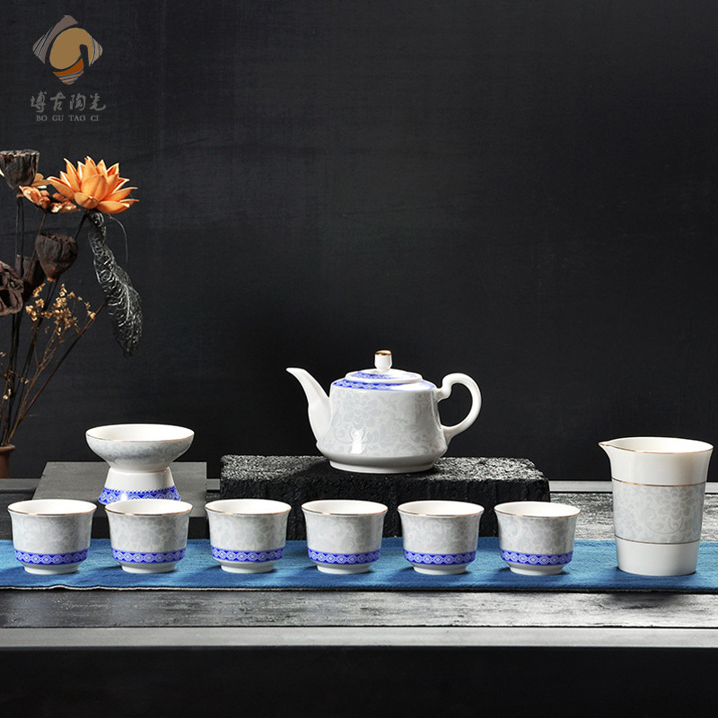 新品上市青花功夫茶具整套陶瓷套装陶瓷描金扒花满花特价茶壶|ms