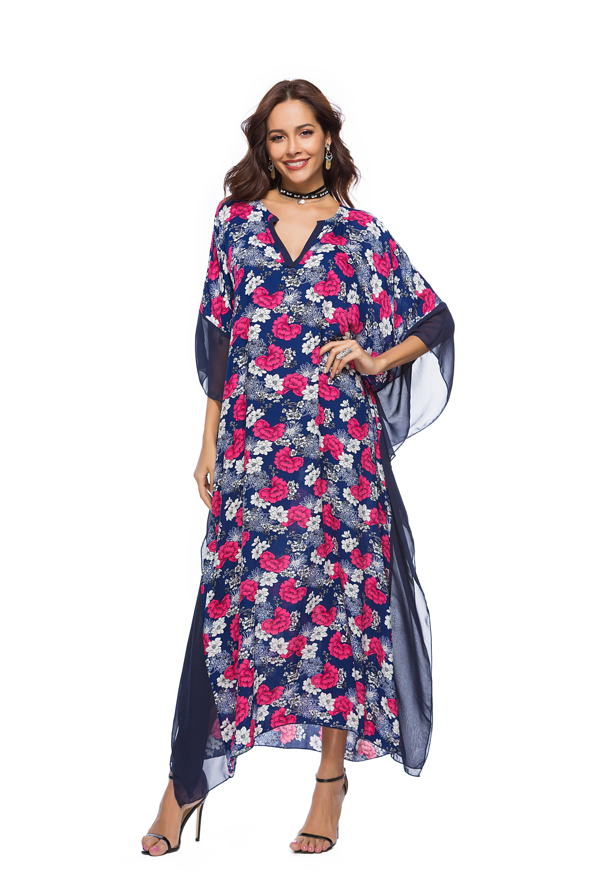 spring new V-neck bat sleeve printed dress NSDF25588