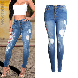 Elastic Slim Mid-high waist embroidered hole jeans women