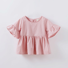 Summer baby girls' pure cotton jacquard flared leaf-sleeved round-neck doll shirt, new style girls' blouse for foreign trade