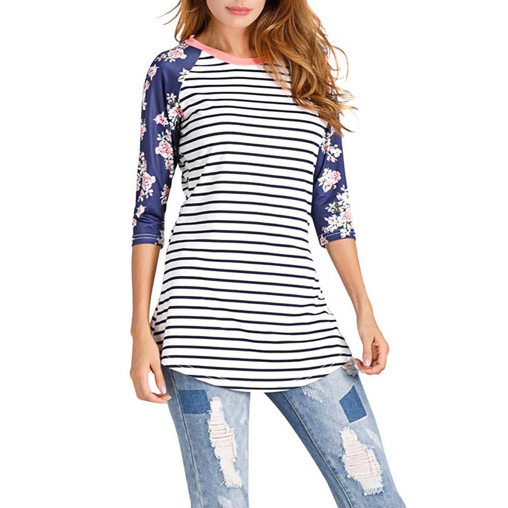 striped print round neck long sleeve top NSWNY74538