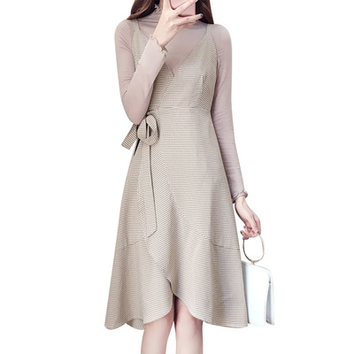 时尚套装女2017秋季新款长袖T恤打底吊带格子连衣裙两件套17920