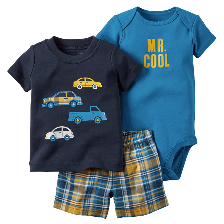 Summer Children's Casual Plaid Pants Cartoon Three-piece Short-sleeved Romper Suit display picture 1