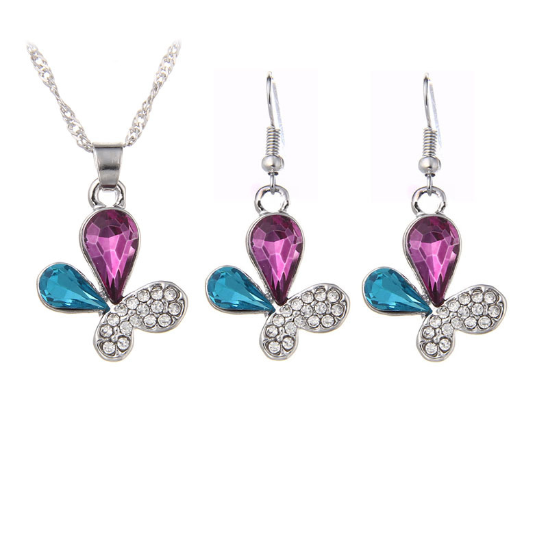 Fashion Small Burtterfly Alloy Crystal Wholesale Necklace Earrings Set display picture 1