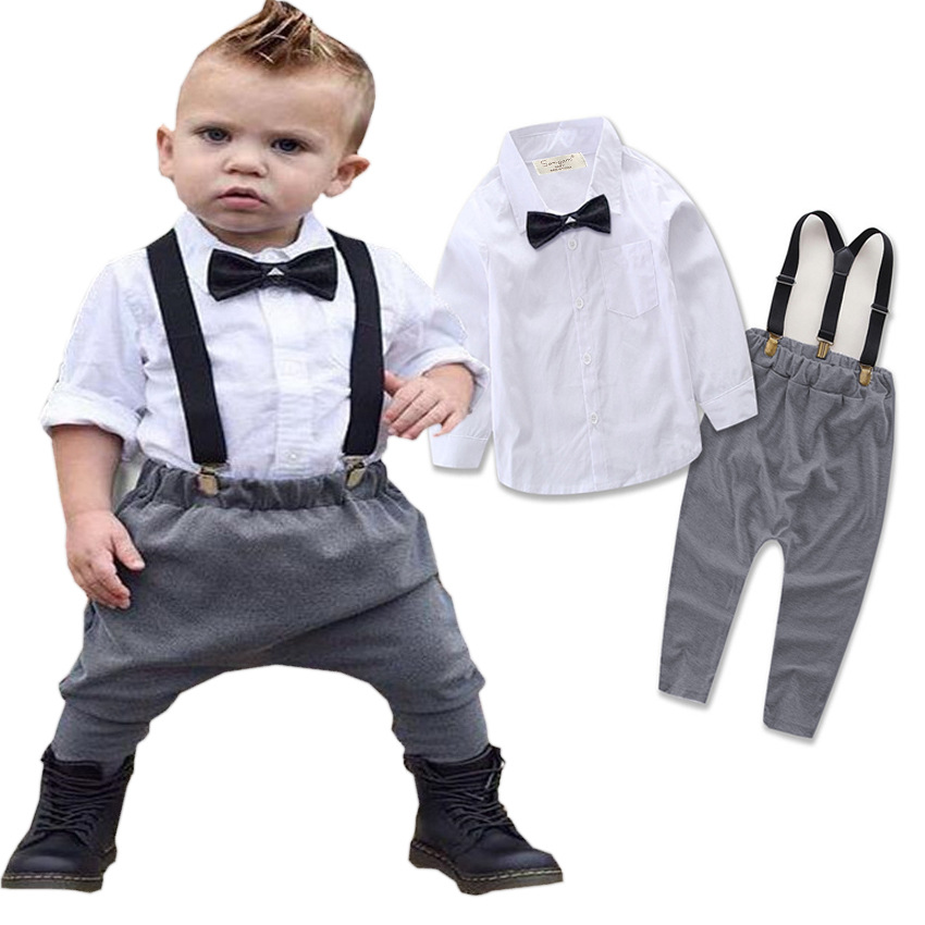Spring and Autumn New Gentleman's Set Fashion Boys' Baby White Tie Shirt+Strap Pants_voghion.com