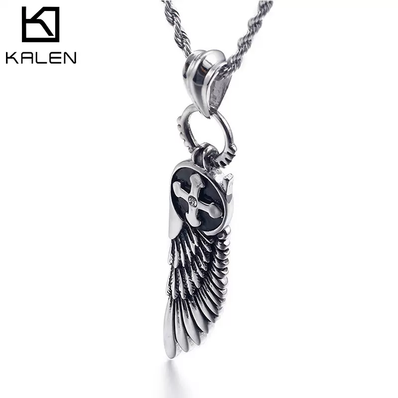 钛钢项链男士欧美 不锈钢吊坠天使翅膀十字架项坠 厂家批发