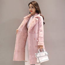 2021冬季新款羊羔毛外套女韩版加绒加厚大衣中长款鹿皮绒翻领棉衣