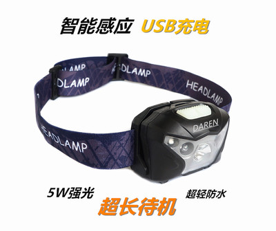 new pattern Selling outdoors Strong light USB charge Induction Camping explore Go fishing LED Headlight Replaceable electric board