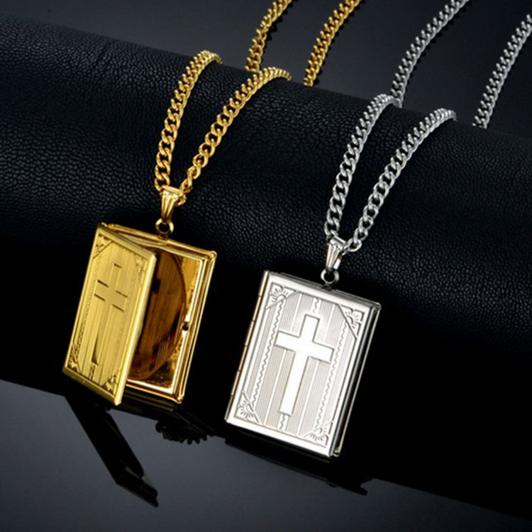 Bijbel Magic Box Cross Brass hanger ketting, mannelijke open frame hanger, plaats foto ketting_voghion.com